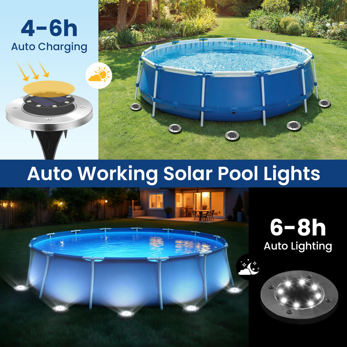 SOLPEX 8-led round ambient light enhances pool ambience for evenings.