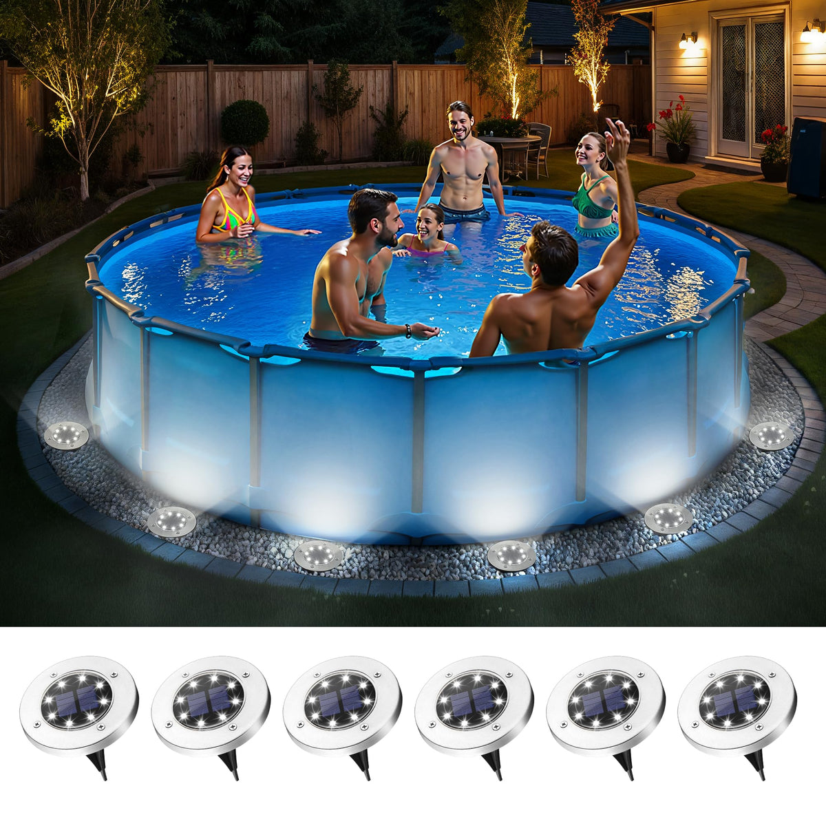 SOLPEX round IP65 6-pack solar pool lights illuminate above-ground pools safely.