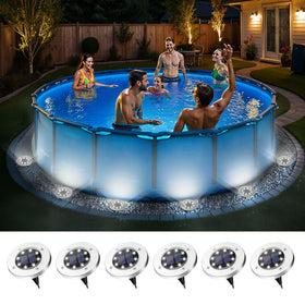 SOLPEX round IP65 6-pack solar pool lights illuminate above-ground pools safely.
