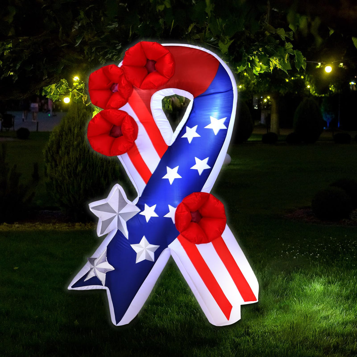 Solsew American flag ribbon design inflatable creates eye-catching Memorial Day display.