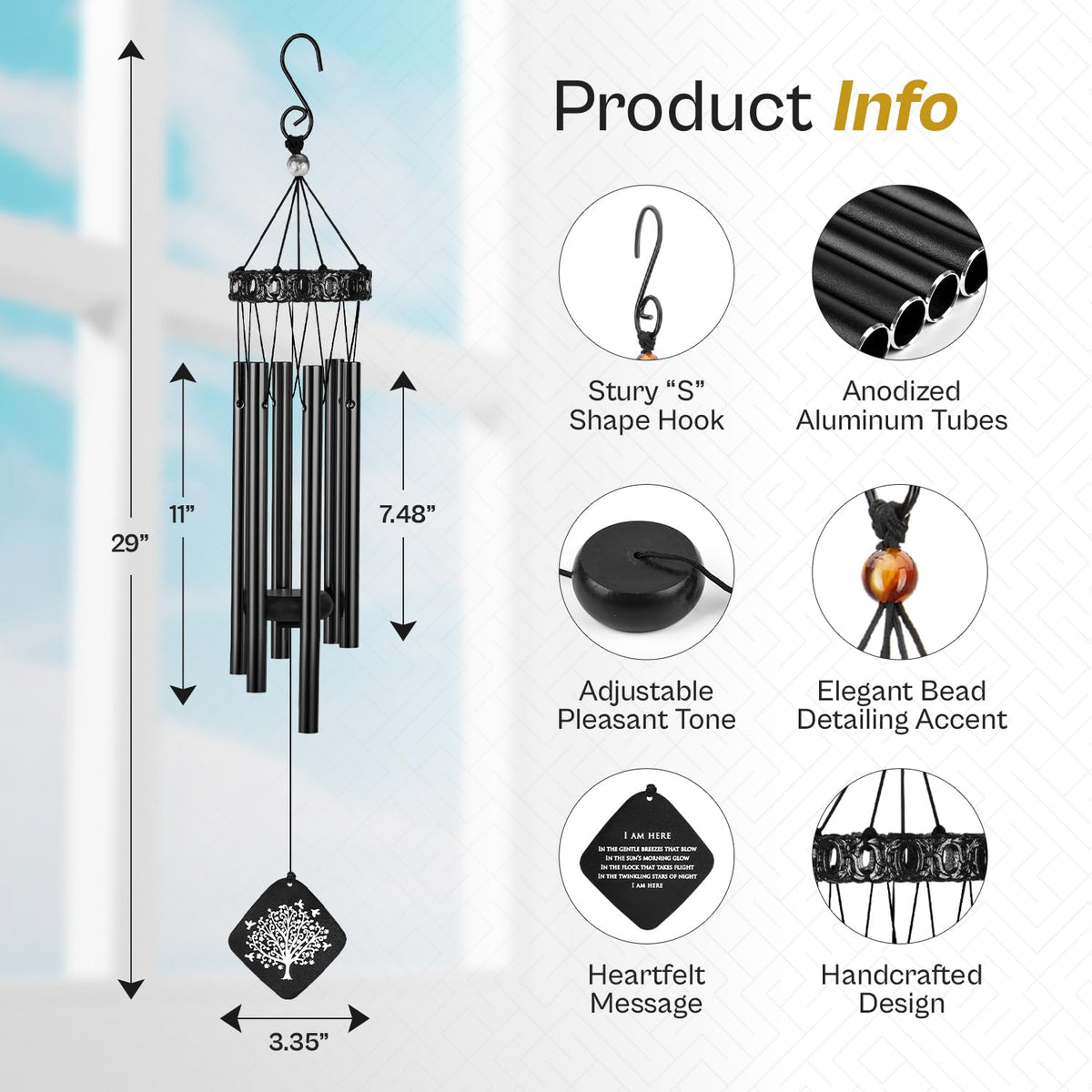 Outdoor porch installation of Solsken Home wind chimes in black