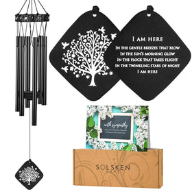 Solsken Home sympathy wind chimes with Tree of Life front view in black for outdoor memorials