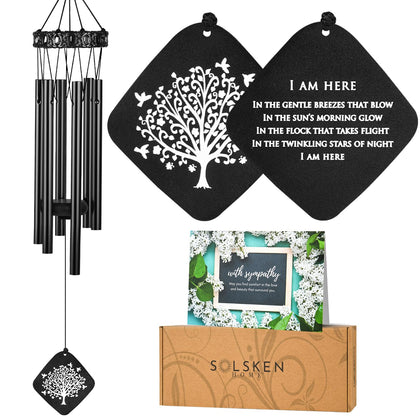 Solsken Home sympathy wind chimes with Tree of Life front view in black for outdoor memorials
