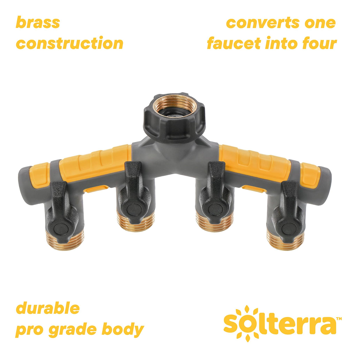 Solterra garden hose manifold demonstrates distributed flow to four hoses.