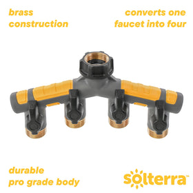 Solterra garden hose manifold demonstrates distributed flow to four hoses.