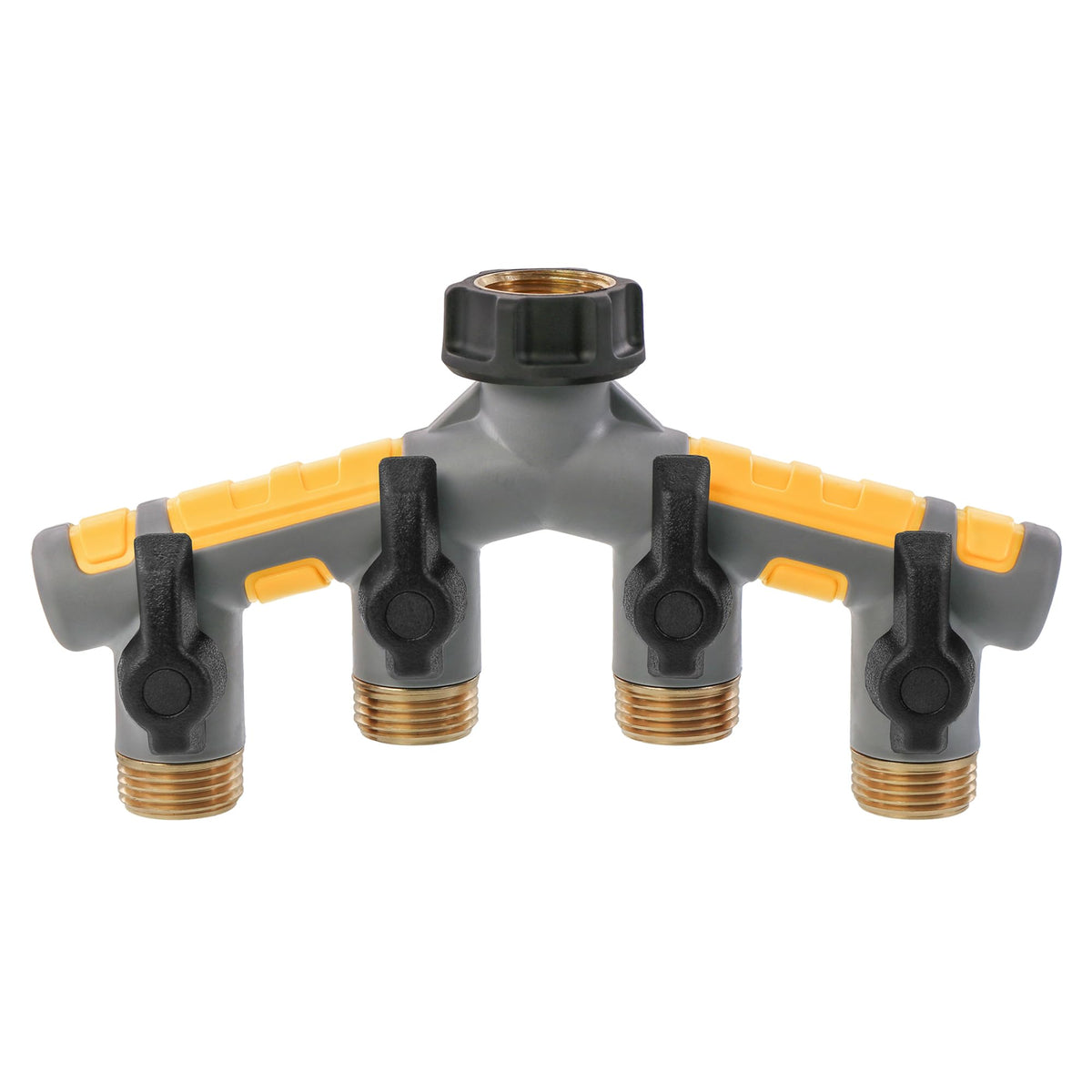 Solterra garden hose manifold with four outlets, ready for a versatile watering setup.