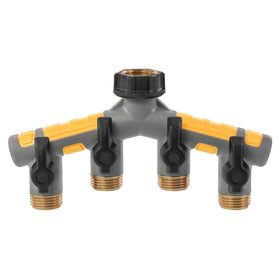 Solterra garden hose manifold with four outlets, ready for a versatile watering setup.