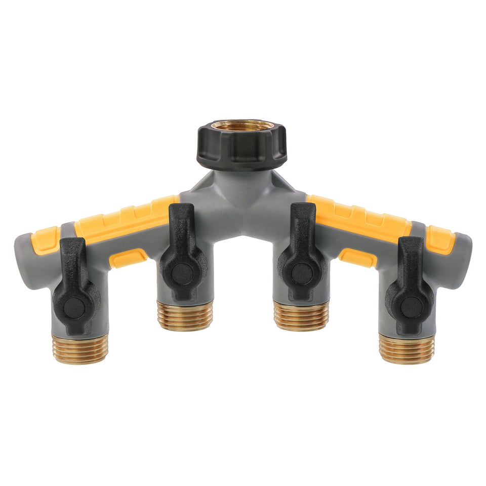 Solterra garden hose manifold with four outlets, ready for a versatile watering setup.