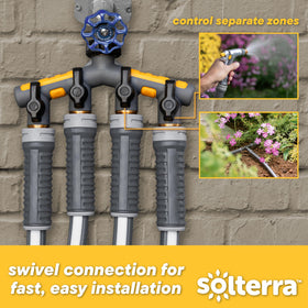 Solterra manifold close-up of brass swivel head and tool-free installation.