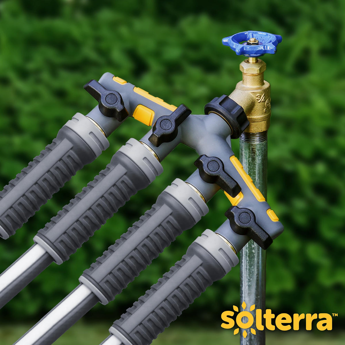 Solterra shut-off lever detail shows individual control for each outlet.