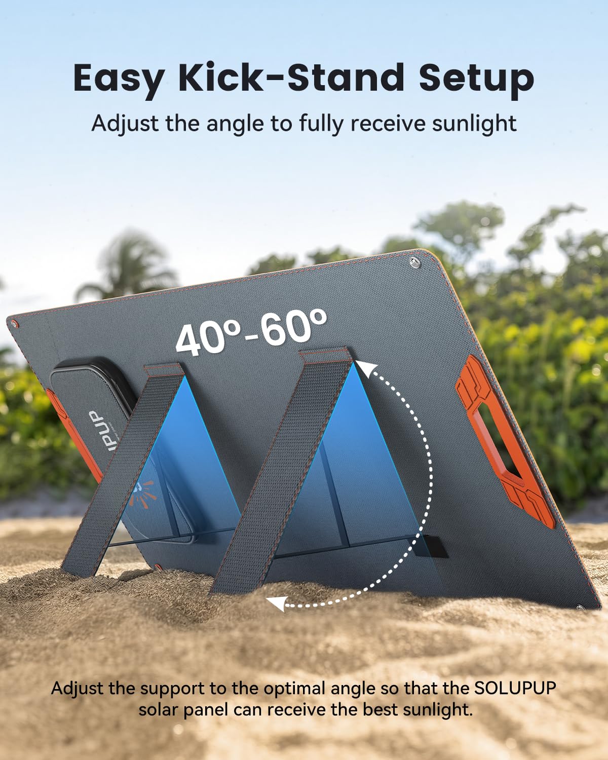 SOLUPUP 100W ETFE coating and IP65 rating resist rain and sun exposure.