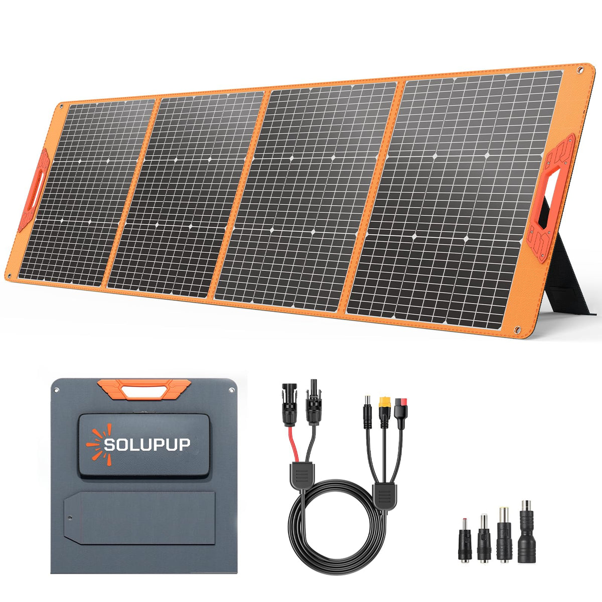 SOLUPUP 200W folded panel with kickstands for compact storage and travel