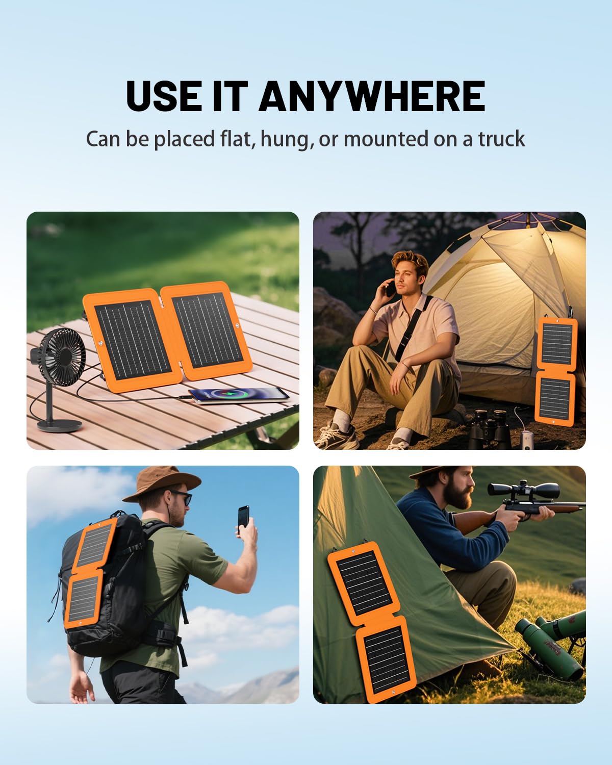 SOLUPUP foldable panel hanging from a tent with strap