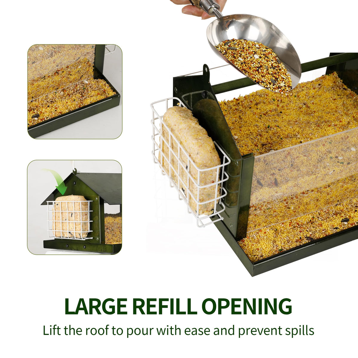 Solution4Patio green 360-degree feeding, attracts multiple species from every angle