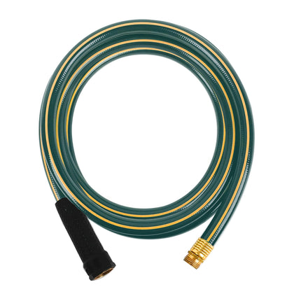 Solution4Patio Short Leader Green Garden Hose coiled for compact storage and quick watering tasks.