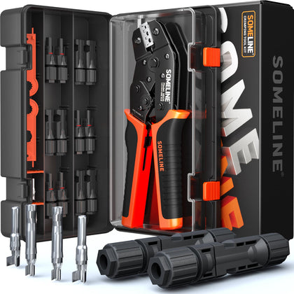 SOMELINE solar connector crimping tool in use for precise wire termination.