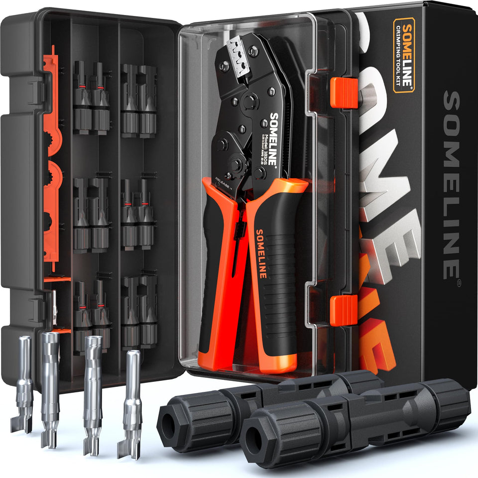 SOMELINE solar connector crimping tool in use for precise wire termination.
