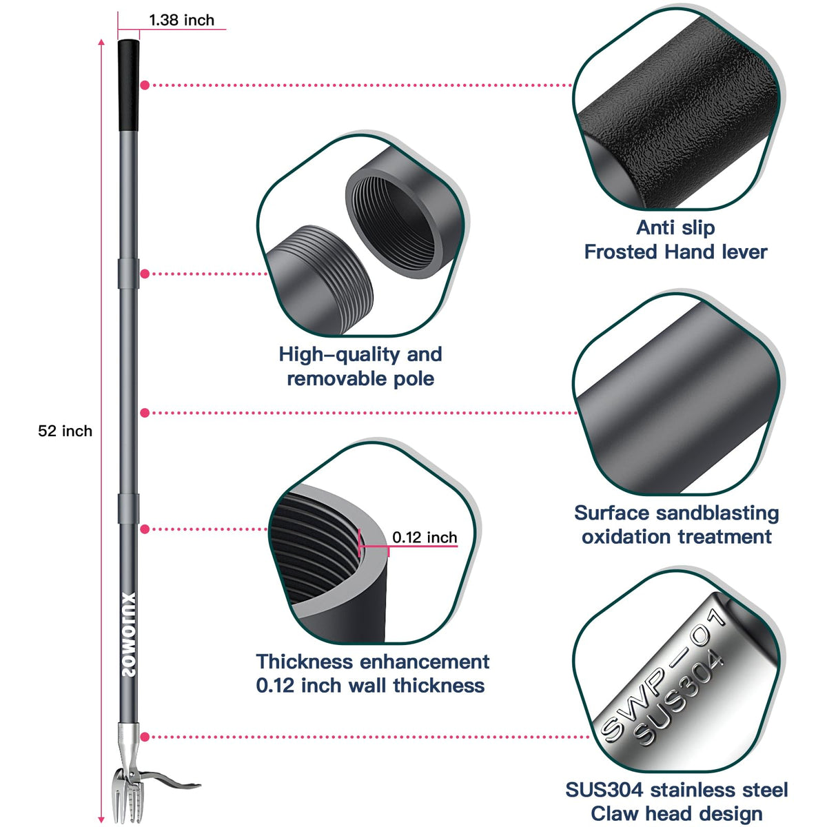 Long stainless steel handle on SOMOLUX weeder extends reach