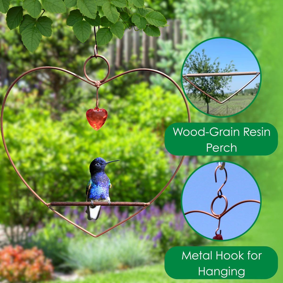 Songbird Essentials brushed copper dangle heart adds color while inviting songbirds near feeders