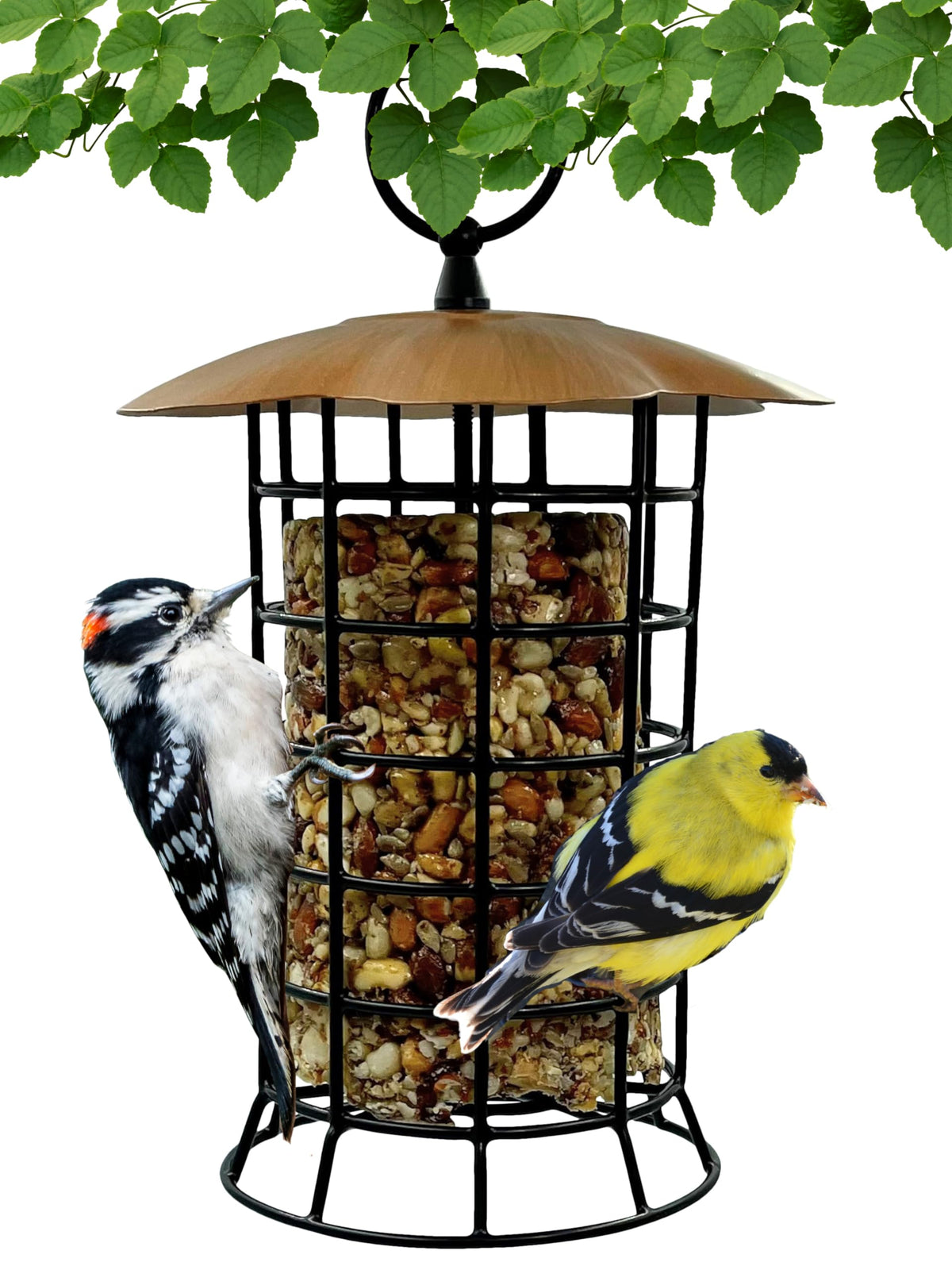 Songbird Essentials copper roof suet log feeder front view shows sturdy design for year-round feeding