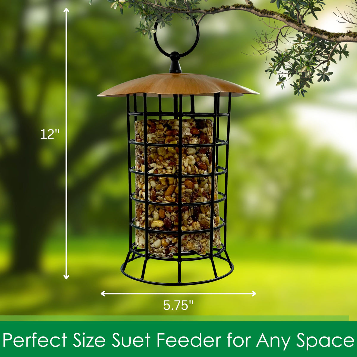 Songbird Essentials copper roof suet log feeder with food visible