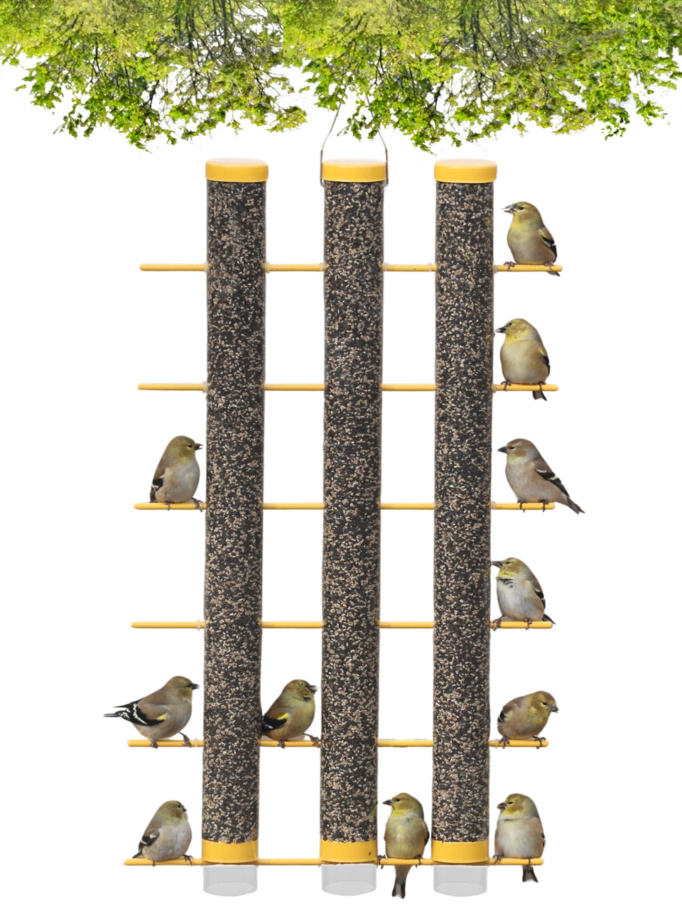 Songbird Essentials finch feeder tubes attracting multiple goldfinches.