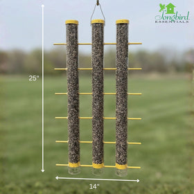 Songbird Essentials goldfinch feeder outdoors in a sunlit garden.