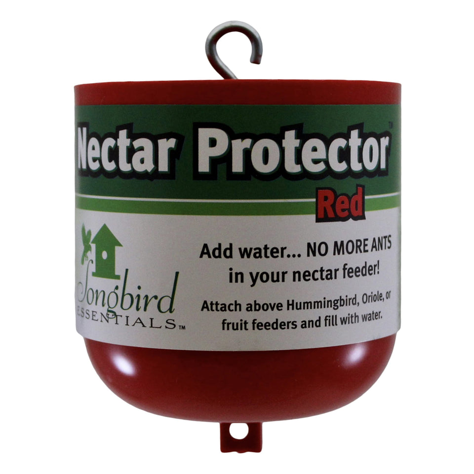 Songbird Essentials Nectar Protector moats red bottle protects feeders from ants and crawling insects.