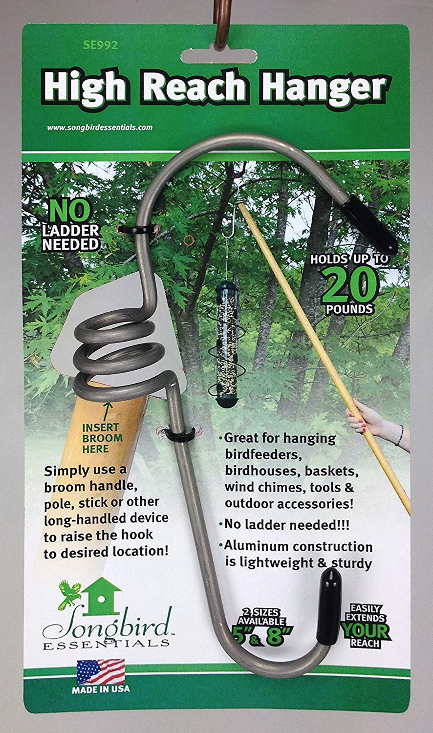 Songbird Essentials SE992 large high reach hanger front view shows weather-resistant aluminum design.