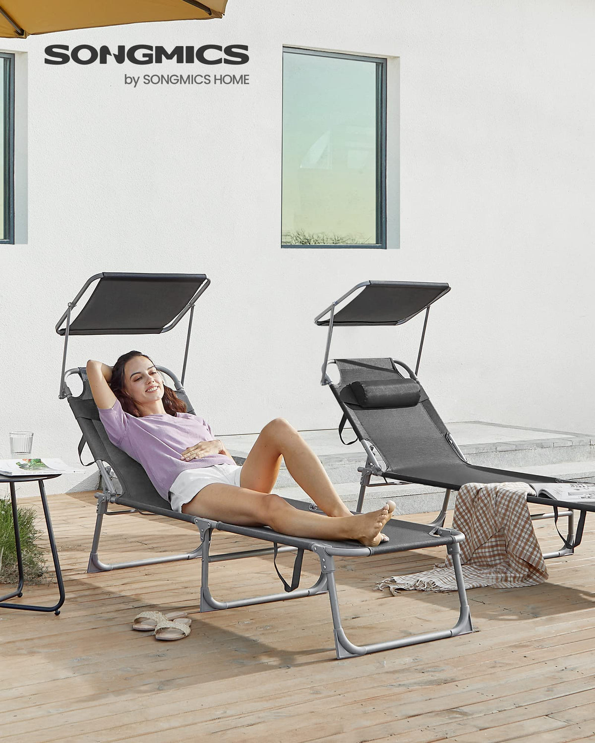Songmics sun lounger backrest adjustable for comfortable reclining.