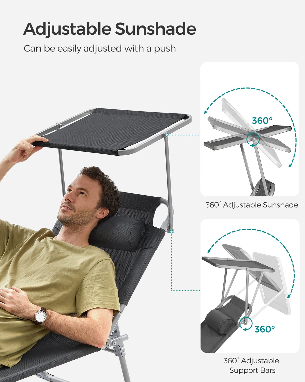Songmics sun lounger removable headrest enhances comfort.