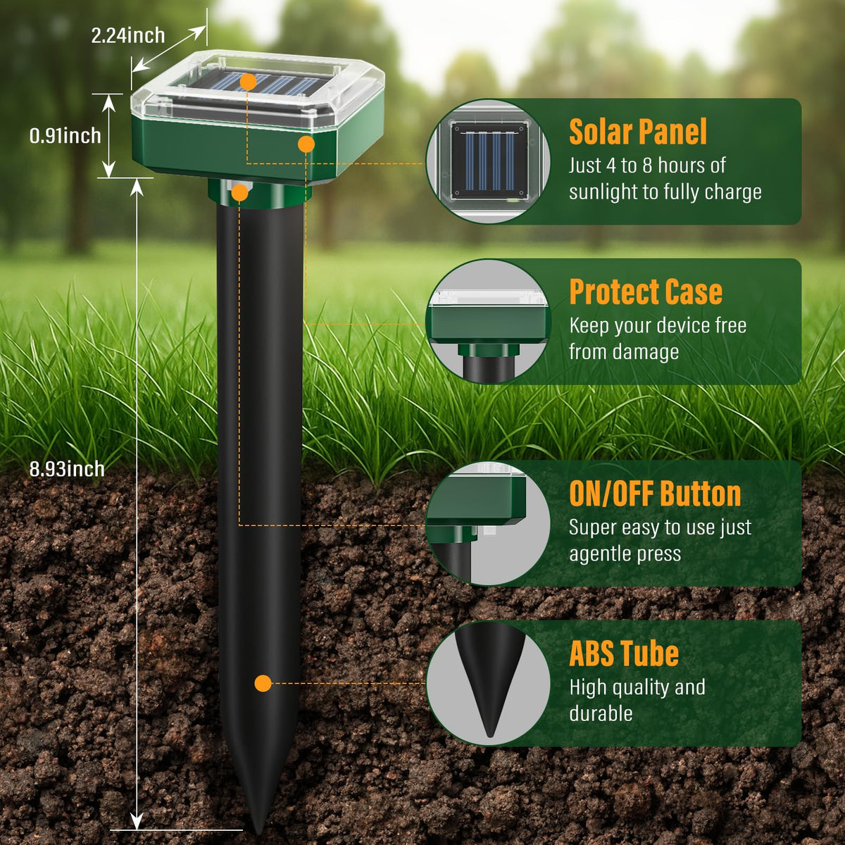 SonicPulse mole repellent IP65 weatherproof unit withstands rain and snow.