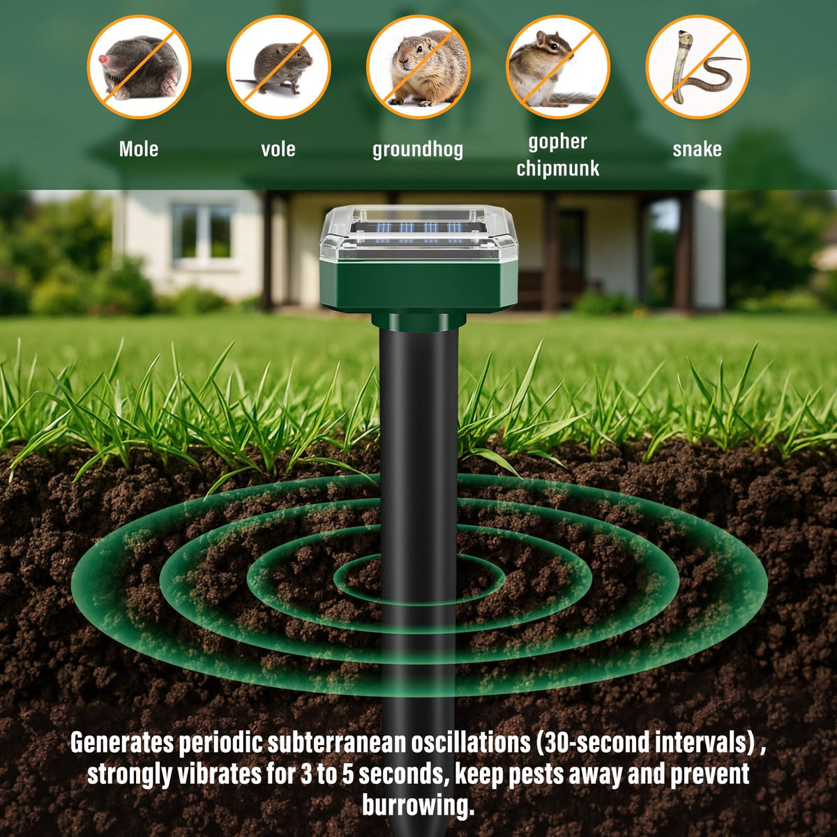 SonicPulse mole repellent lawn setup showing stake placement for coverage.