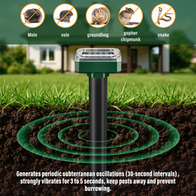 SonicPulse mole repellent lawn setup showing stake placement for coverage.