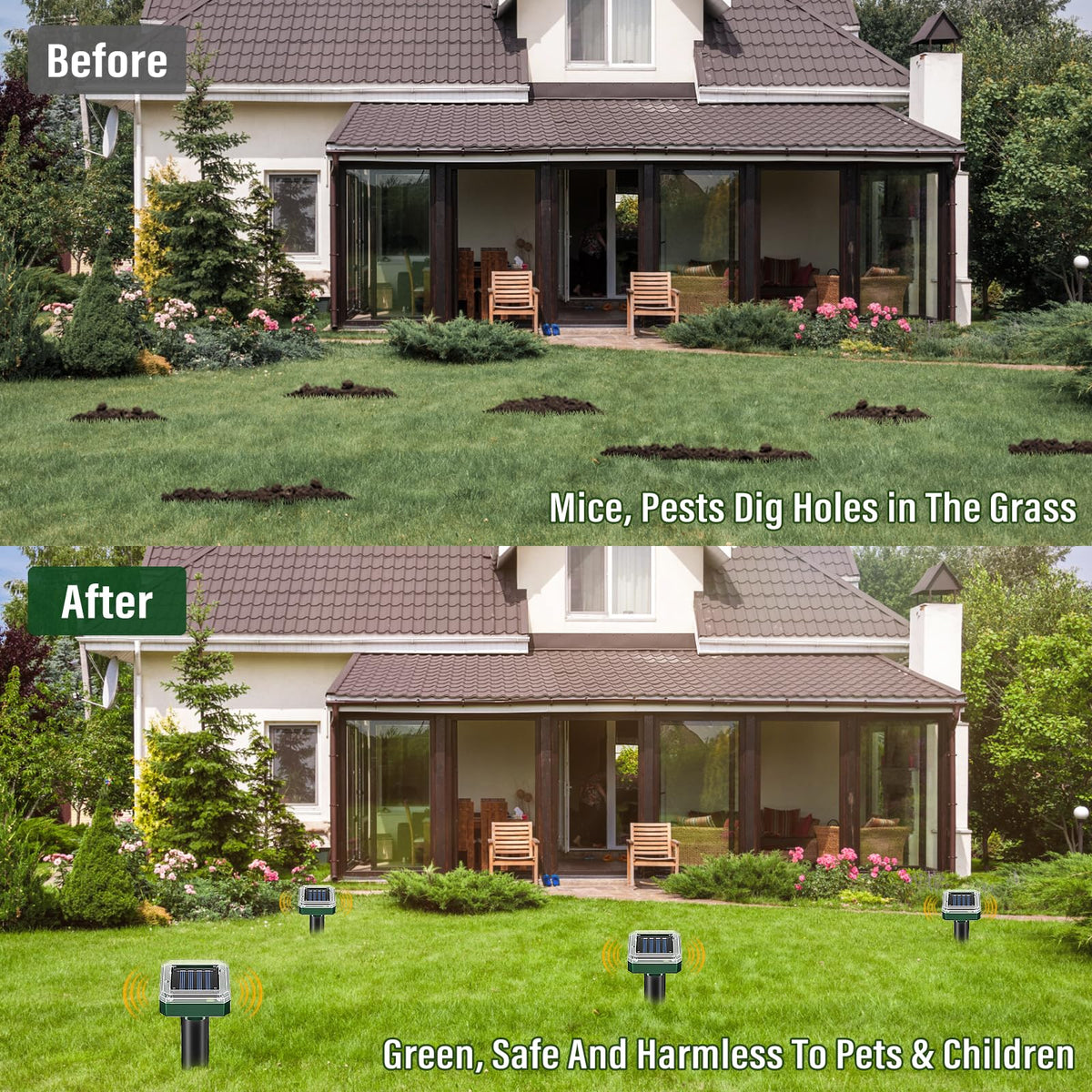 SonicPulse packaging shows a 10-pack mole repellent set for outdoor use.
