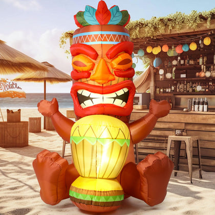 Sonwyoung 6ft inflatable tiki decor in outdoor pool area, brightening summer ambiance.