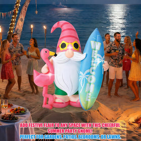 Sonwyoung beach-themed gnome with flamingo and surfboard vibe.