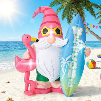 Sonwyoung 47-inch inflatable gnome with surfboard for outdoor party decor.