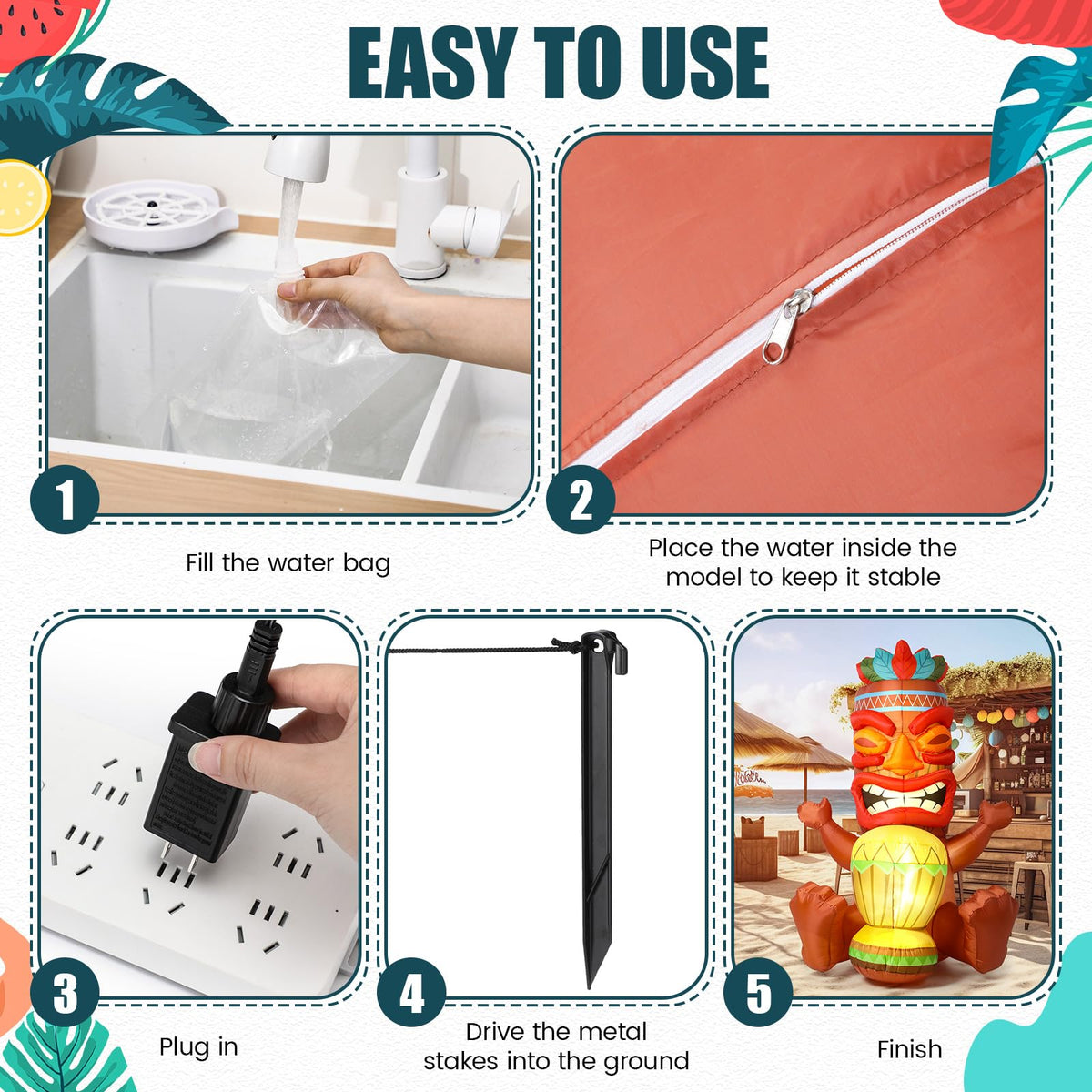 Sonwyoung water bags placed in tiki feet for solid standing.