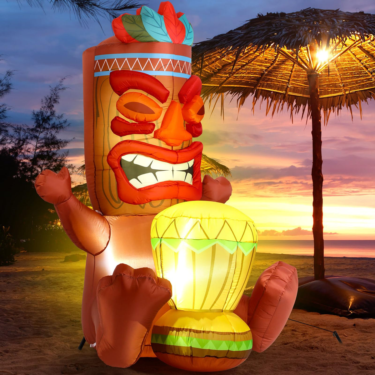 Sonwyoung tiki statue with drum motif, a festive focal point for patios.