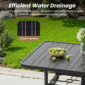 Soohow outdoor table slatted top shown for rain drainage