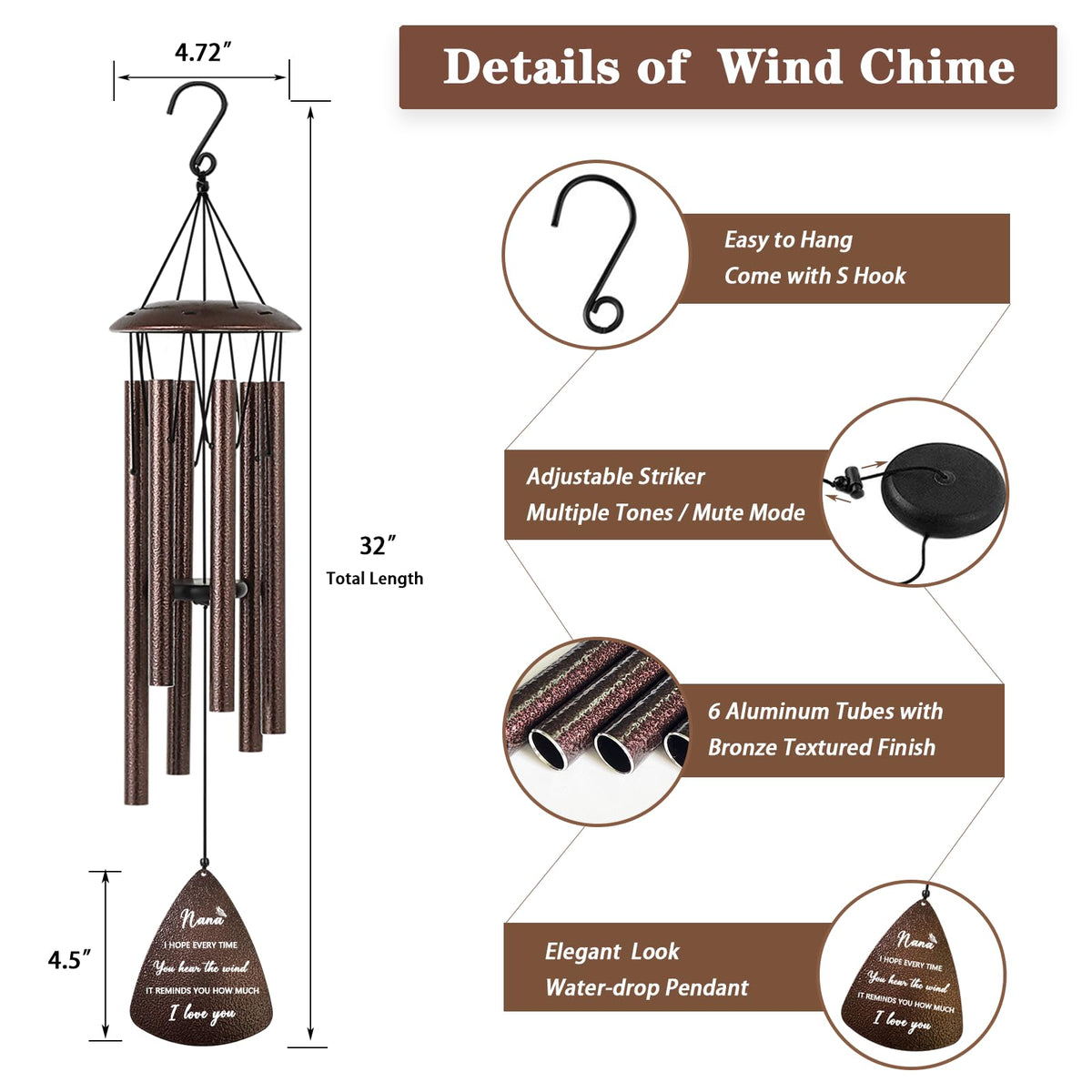 Soopau Nana bronze wind chime closeup tubes producing crisp, natural tones