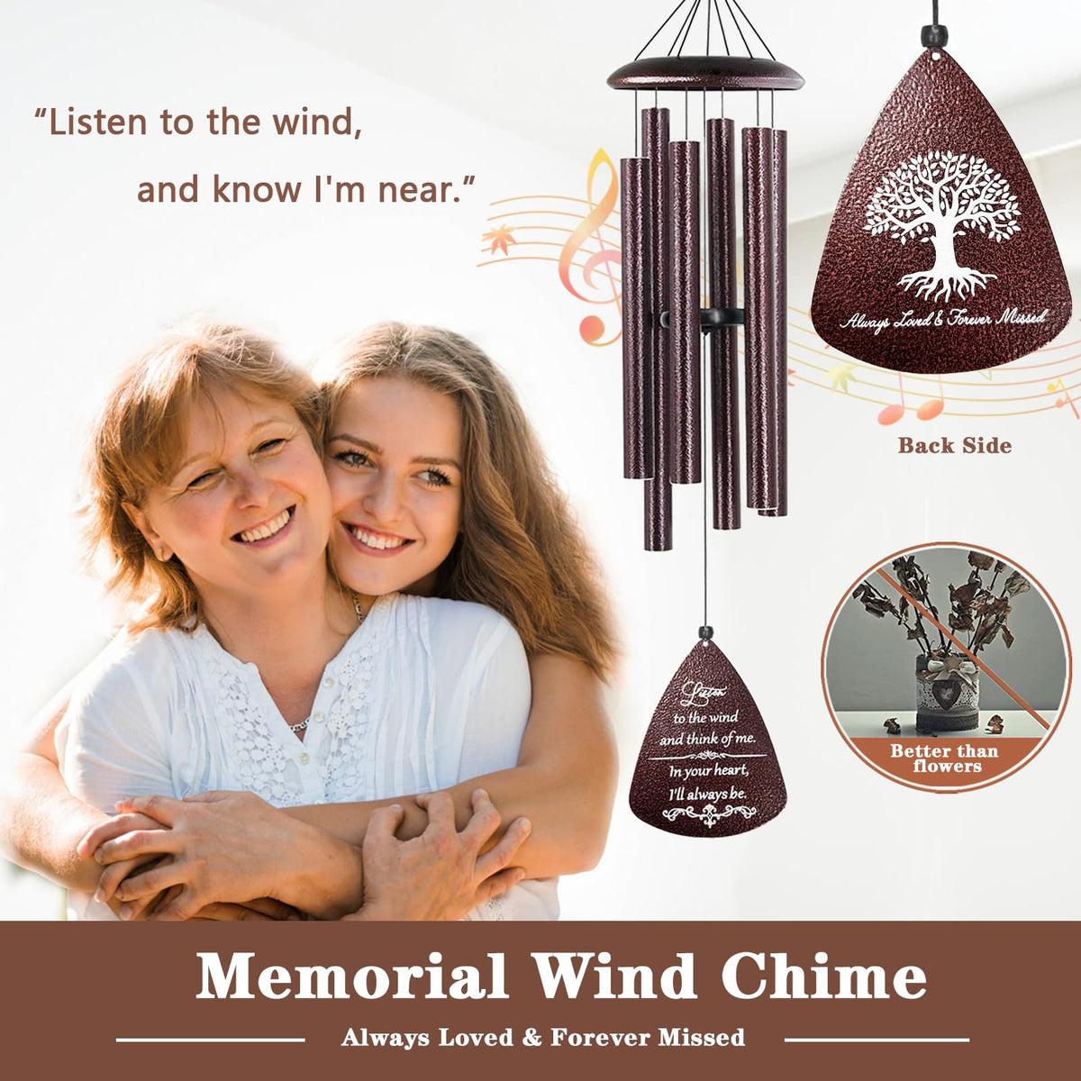 Soopau sympathy wind chimes back inscription marking lasting memory and tribute.
