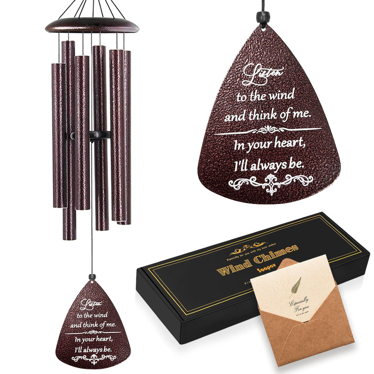 Soopau sympathy wind chimes front inscription for remembrance and comfort.