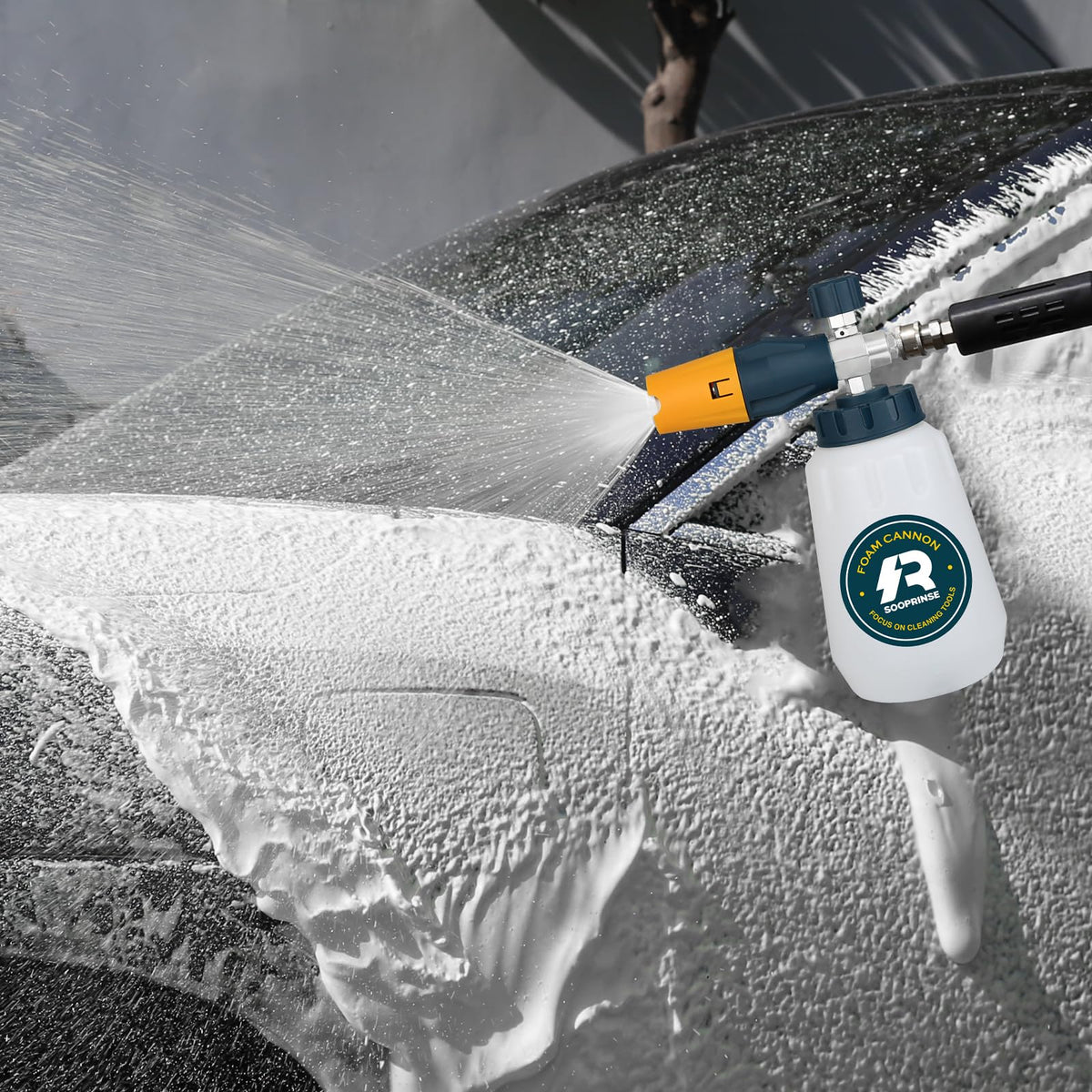 Sooprinse Foam Cannon 1-liter bottle for convenient soap storage.