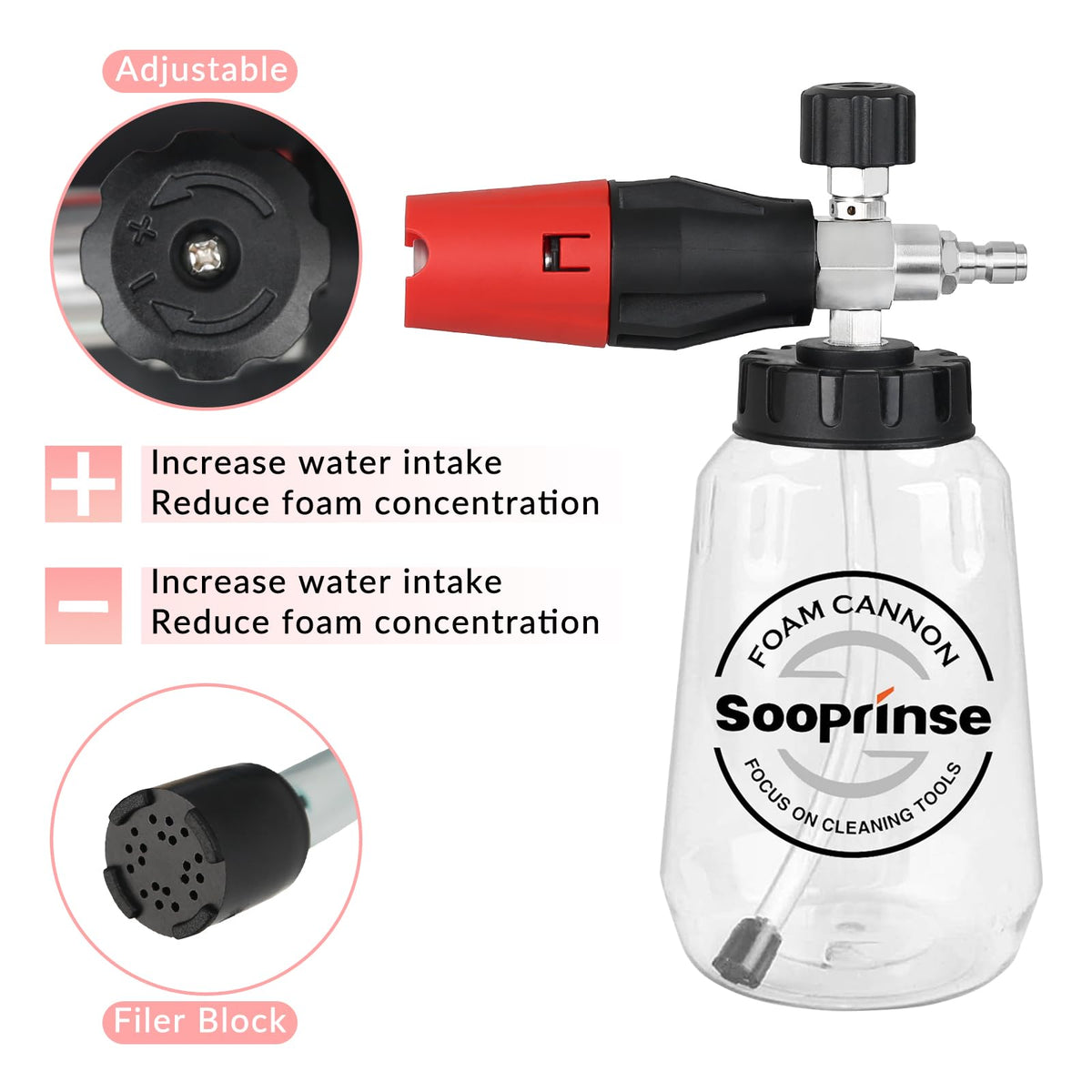 Sooprinse front rotating nozzle to switch jet patterns for precise cleaning.