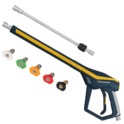 Sooprinse high pressure washer gun with 12-inch extension enables roof and gutter access.