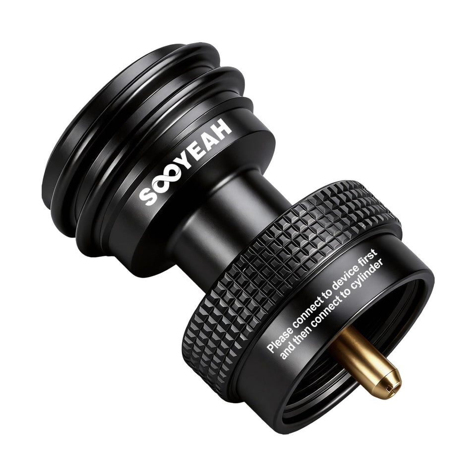 SOOYEAH propane adapter connection enables 20lb to 1lb versatility for grilling
