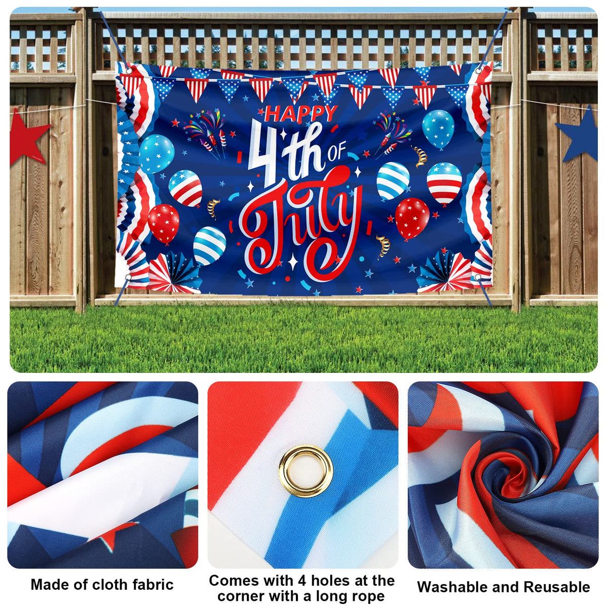 Sophena patriotic backdrop ideal for Independence Day decor and festive porch settings.