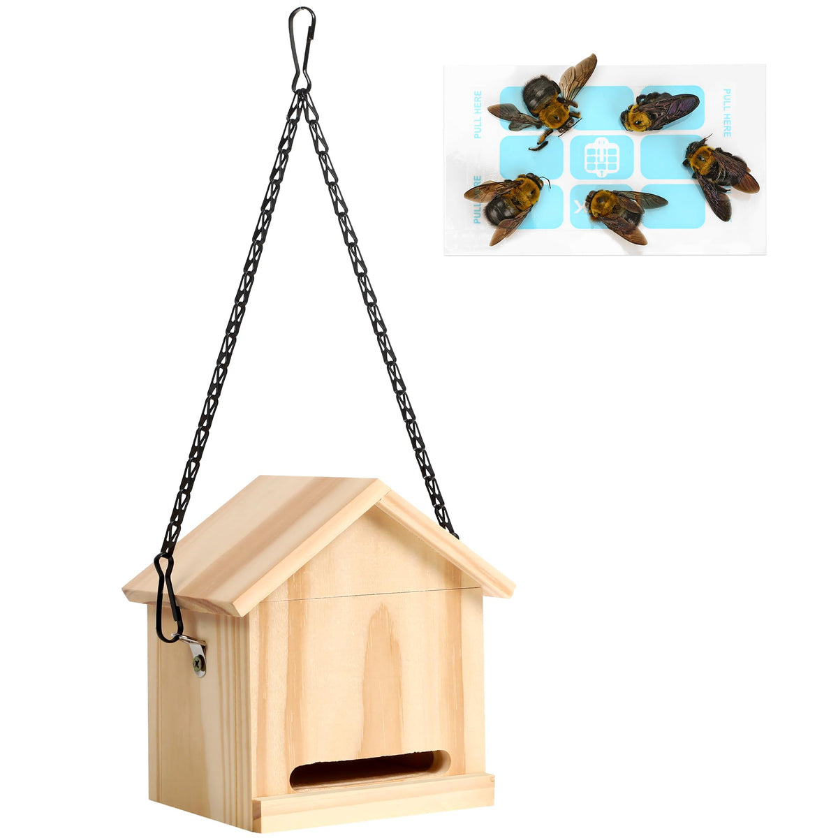 SOPUR Carpenter Bee Trap outdoor setup hanging in sun to protect wood from bees